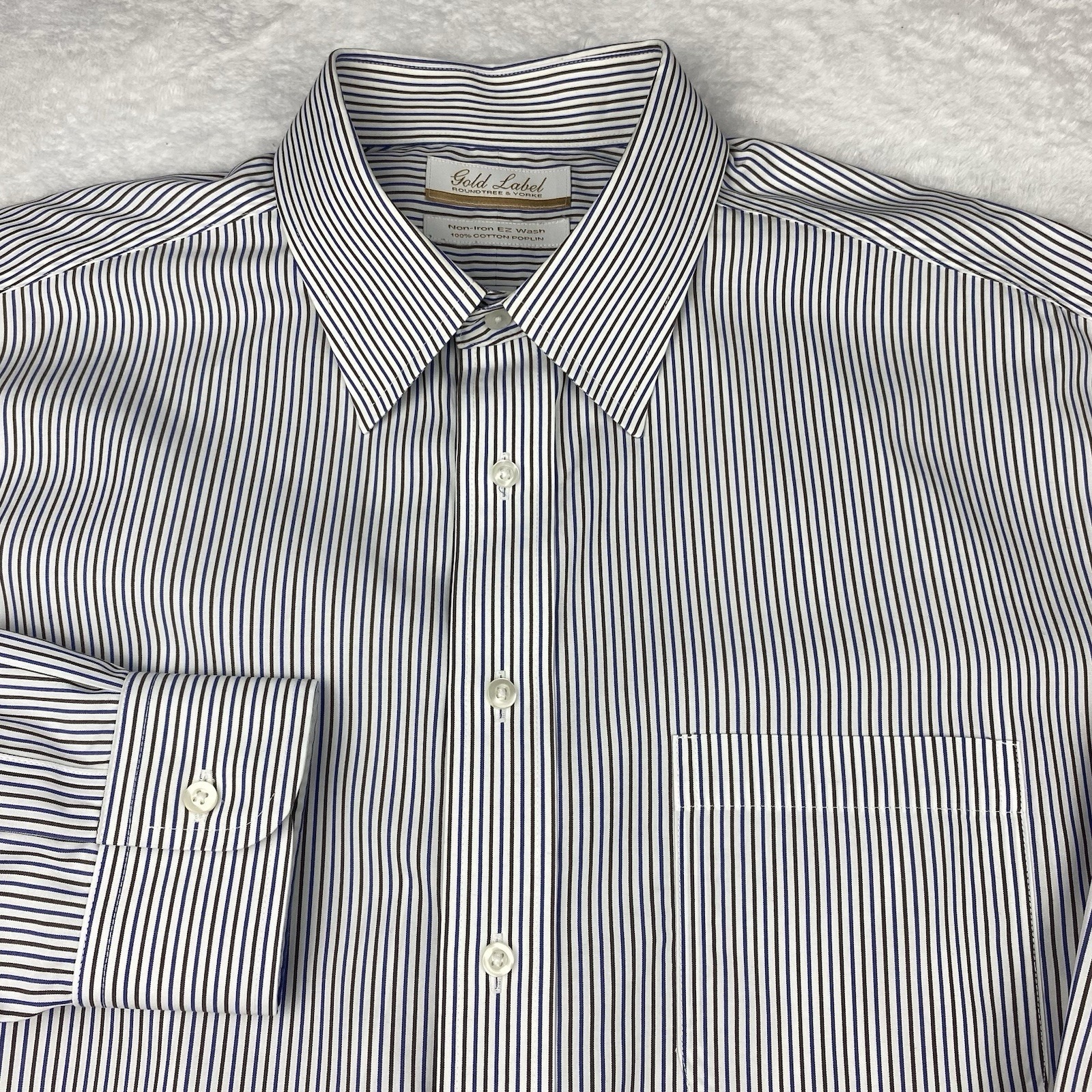 Roundtree & Yorke Gold Label Dress Shirt Mens 17-35 Blue/ Brown Stripes Non Iron